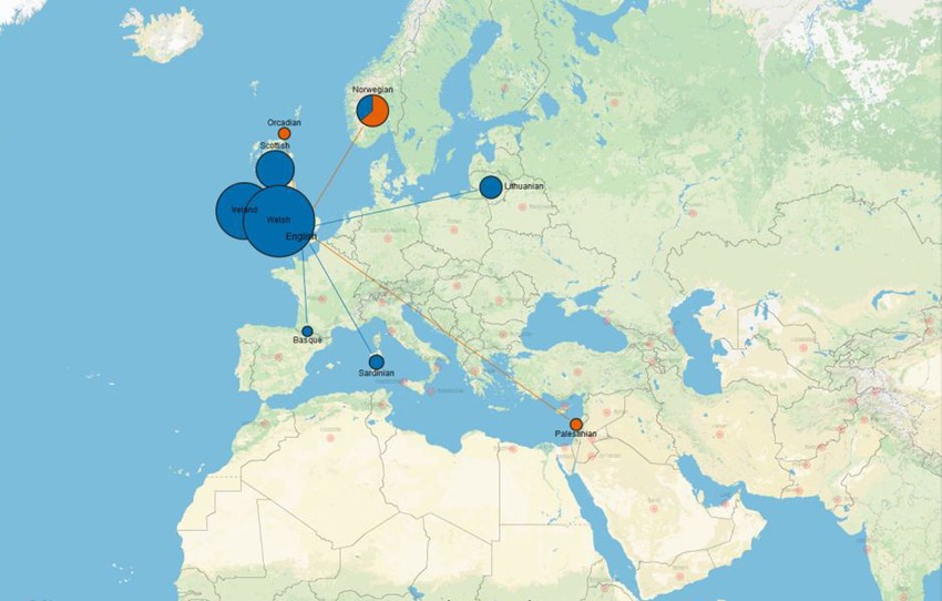 Mapa Engleske zasnovana na DNK podacima 6 osoba. Pokazuje veliko mešanje sa stanovništvom Irske, Škotske i Velsa, i mali procenat DNK iz Palestine.