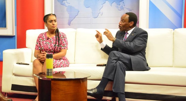 Nairobi Woman Rep Esther Passaris with KFCB CEO Ezekiel Mutua during an interview on KTN (Twitter)