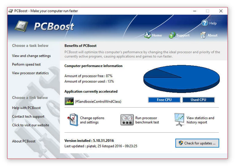 Główne okno programu do optymalizacji systemu operacyjnego - PCBoost
