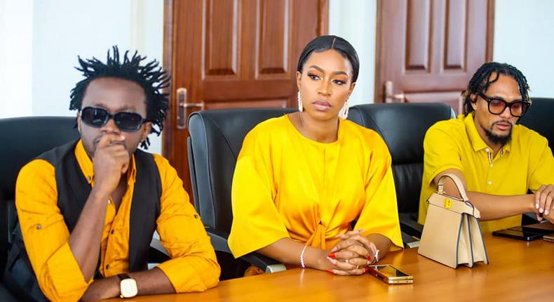 Musicians Bahati, Diana Marua and KRG The Don during a meeting at UDA headquarters in Nairobi on April 12, 2023