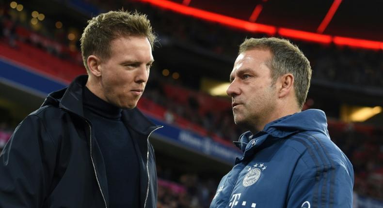 Julian Nagelsmann (L) hopes RB Leipzig can earn their first win at Bayern Munich, coached by Hansi Flick (R)