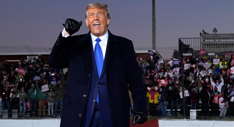 President Donald Trump gestures to supporters after speaking during a campaign rally at MotorSports Management Company, Tuesday, Oct. 27, 2020, in West Salem, Wisconsin.Evan Vucci/AP