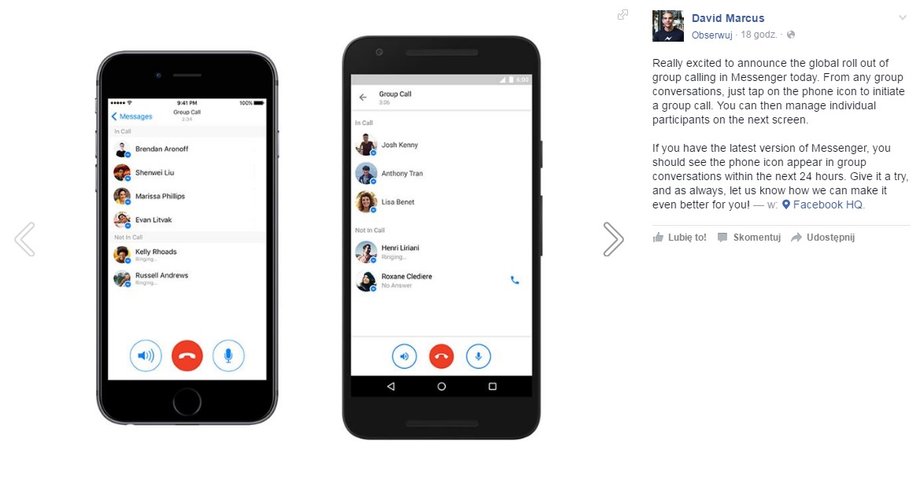 Facebook Messenger oferuje obecnie możliwość głosowych połączeń grupowych