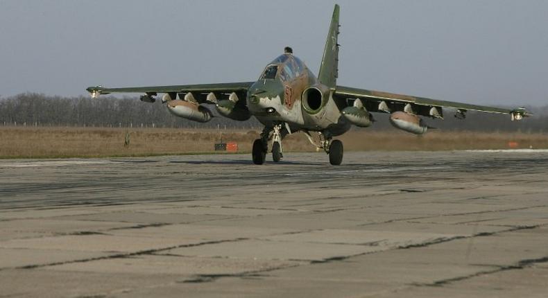 A Russian Su-25 ground attack aircraft lands at an airbase in the southern Russia's Krasnodar region, on March 16, 2016, after arriving from Syria