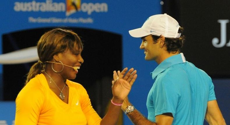 Serena Williams and Roger Federer take part in an exhibition tennis match in Melbourne in January 2010