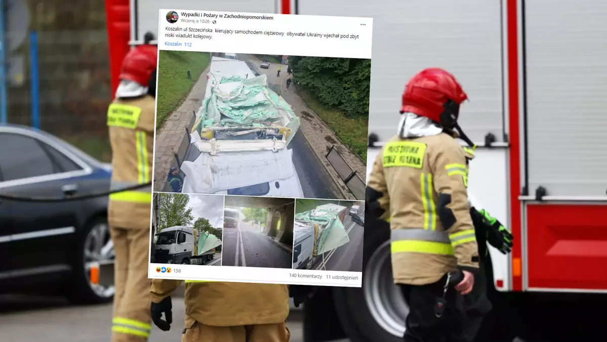 Wiadukt pokonał samochody w Koszalinie (fot. screen: Facebook/Wypadki i Pożary w Zachodniopomorskiem)