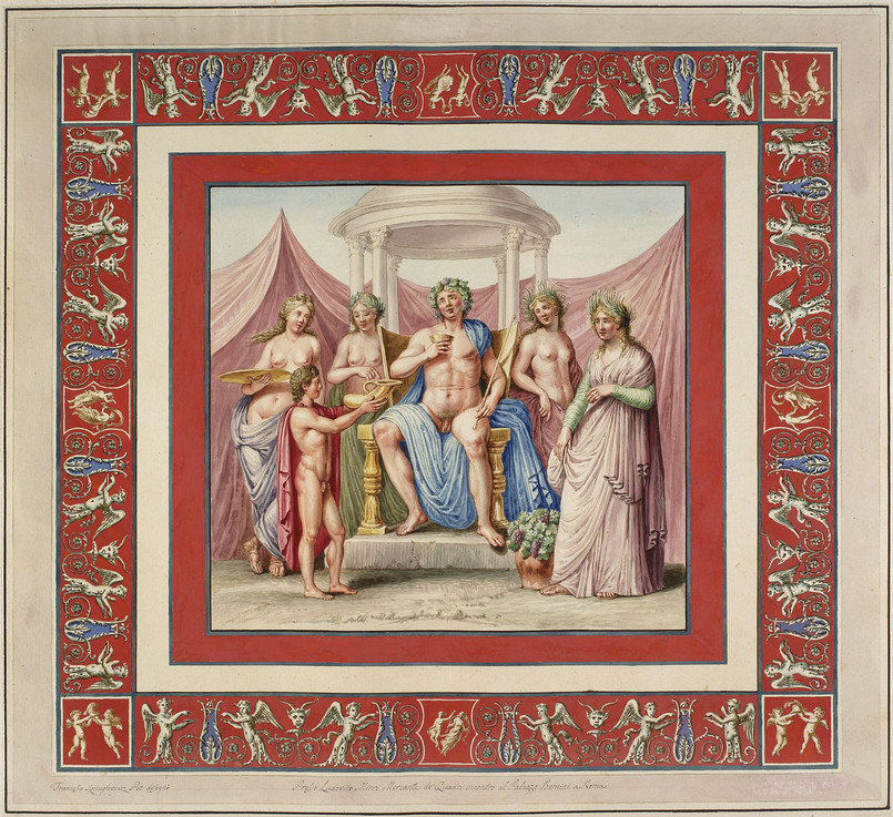 Franciszek Smuglewicz, Vincenzo Brenna, Marco Carloni, Triumf Bachusa, akwarela i gwasz na zarysie akwafortowym, 1776