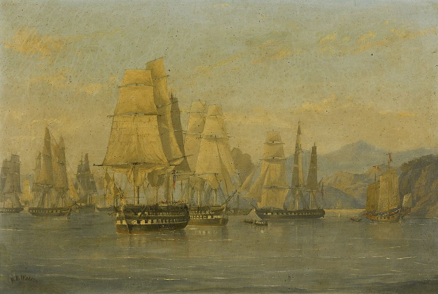 HMS Wellesley i brytyjska eskadra płynące z Hongkongu do ataku na Amoy w 1841 r.