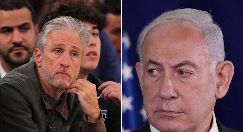 Jon Stewart had a bold proposal for a solution to the Gaza crisis on Monday.Mitchell Leff/Getty Images and ACQUELYN MARTIN/POOL/AFP via Getty Images