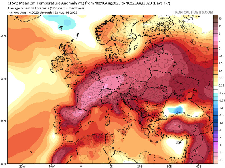 Prognozowana anomalia temperatury w Europie na kolejne siedem dni