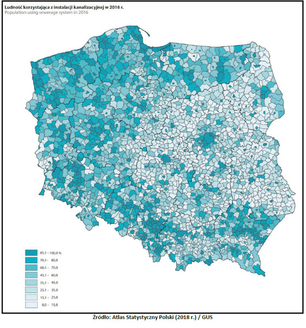 Ludność korzystająca z instalacji kanalizacyjnej w 2016 r. źródło: Atlas Statystyczny Polski (2018 r.) / GUS