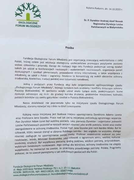 Fragment pisma o wsparcie przesłany do dyrektora regionalnego przez fundację