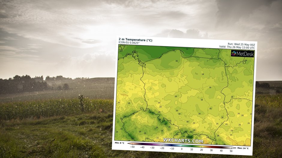 W czwartek spodziewamy się przeplatanki słońca z chmurami (mapa: wxcharts.com)