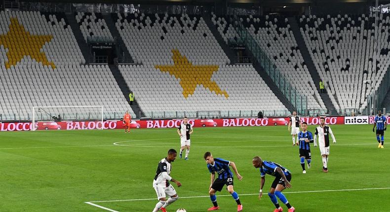 Juventus and Inter Milan play in an empty stadium in Turin, Italy, on March 8, 2020.
