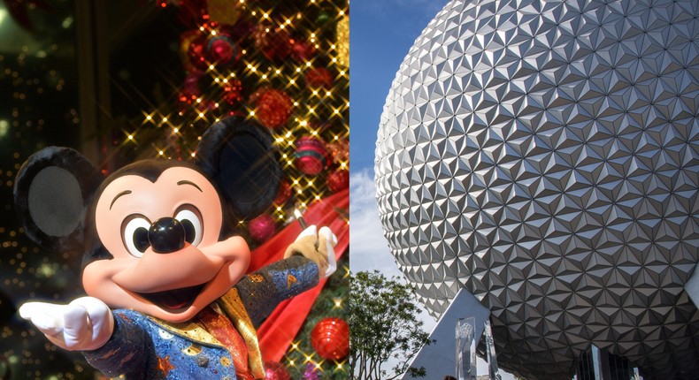 Mickey Mouse in Christmas attire in front of a Christmas tree; Epcot Center in Walt Disney World resort.YOSHIKAZU TSUNO/AFP via Getty Images; Joseph Prezioso/Anadolu Agency via Getty Images