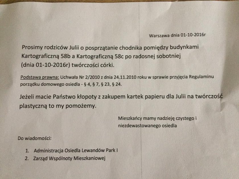 Julia rysowała po chodniku. To sąsiad złośnik zrobił jej rodzicom