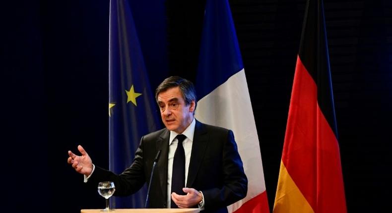 Les Republicains (LR) party candidate for the French 2017 presidential election, Francois Fillon, gives a talk during his visit at the Konrad Adenauer Foundation in Berlin on January 23, 2017