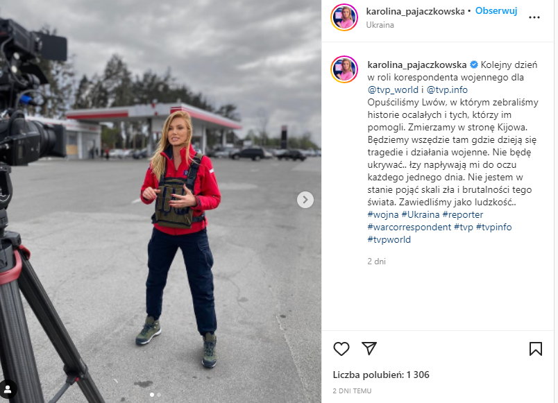 Dziennikarka TVP Karolina Pajączkowska w kamizelce kuloodpornej 