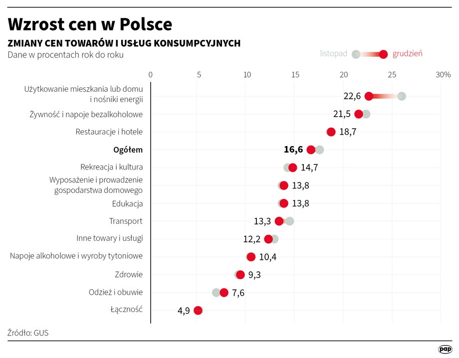 Inflacja grudniowa w podziale na główne kategorie i w porównaniu z listopadem.