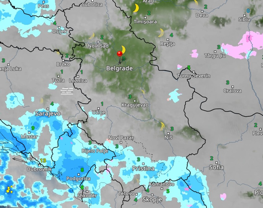 Kretanje kiše u Srbiji u 23 časa