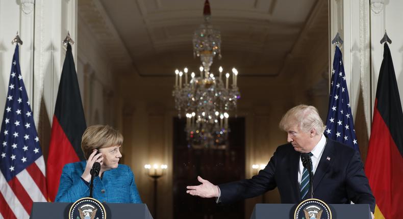 President Donald Trump and German Chancellor Angela Merkel at a joint news conference on March 17.