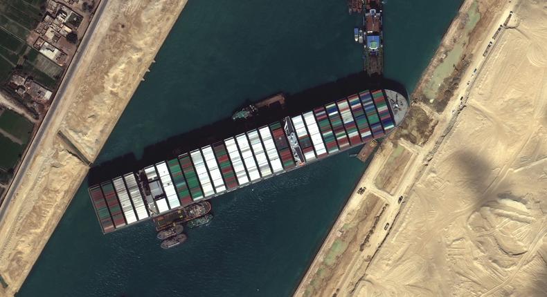 Container ship Ever Given stuck in the Suez Canal, Egypt on March 27, 2021.
