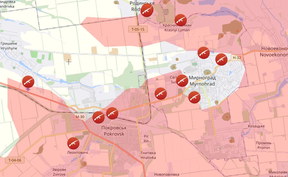 Deo mape teritorija koje je Rusija osvojila, sa naglaskom na jedno od ključnih žarišta - Pokrovsk, 24. decembar 2025.