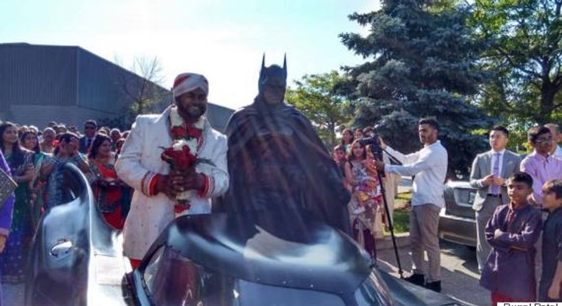 30-yr-old Patel rolled into his wedding venue with the Dark Knight, a.k.a. the Brampton Batman himself in a sleek Batmobile