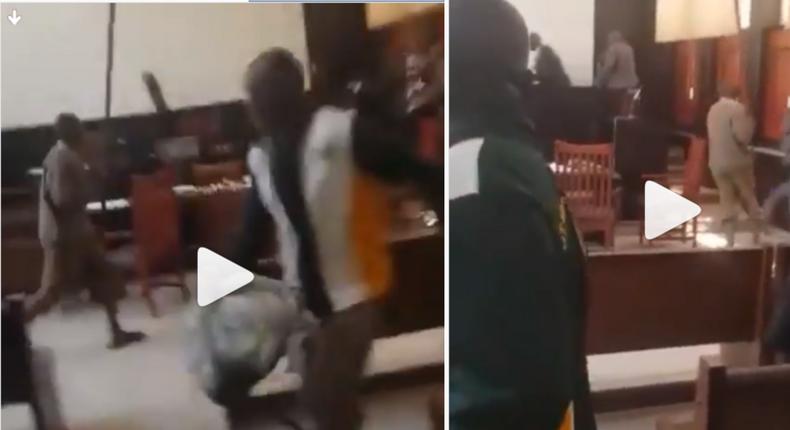 Alleged accused person chases judge with a long stick after pronouncing him guilty (video)