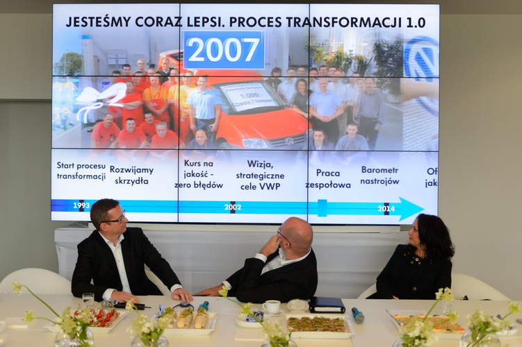 Na zdjęciu od lewej: Członek Zarządu ds. Finansowych i Organizacji Szymon Trzebiatowski, Prezes Zarządu Volkswagen Poznań Jens Ocksen i Członek Zarządu ds. Personalnych Jolanta Musielak, podczas śniadania prasowego zarządu Volkswagen Poznań Sp. z o.o. w Poznaniu - Antoninku. <br><br> (jk/mr) PAP/Jakub Kaczmarczyk