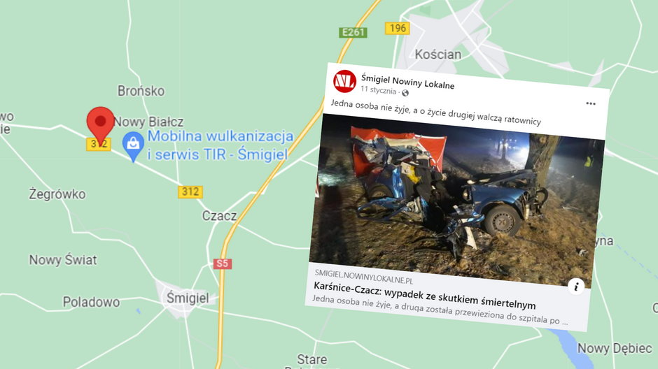 Wypadek pomiędzy Czaczem a Karśnicami (fot. screen: facebook.com/@smigiel.nl)