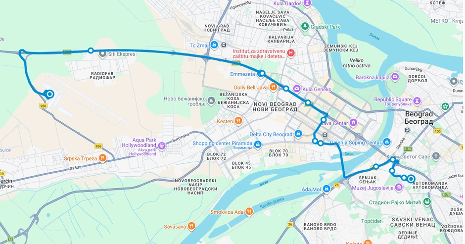 Trasa linije 600 u smeru ka aerodromu Nikola Tesla