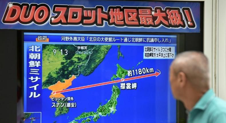 A television screen displays a map of Japan and the Korean Peninsula, in Tokyo, on August 29, 2017, following a North Korean missile test that passed over Hokkaido island