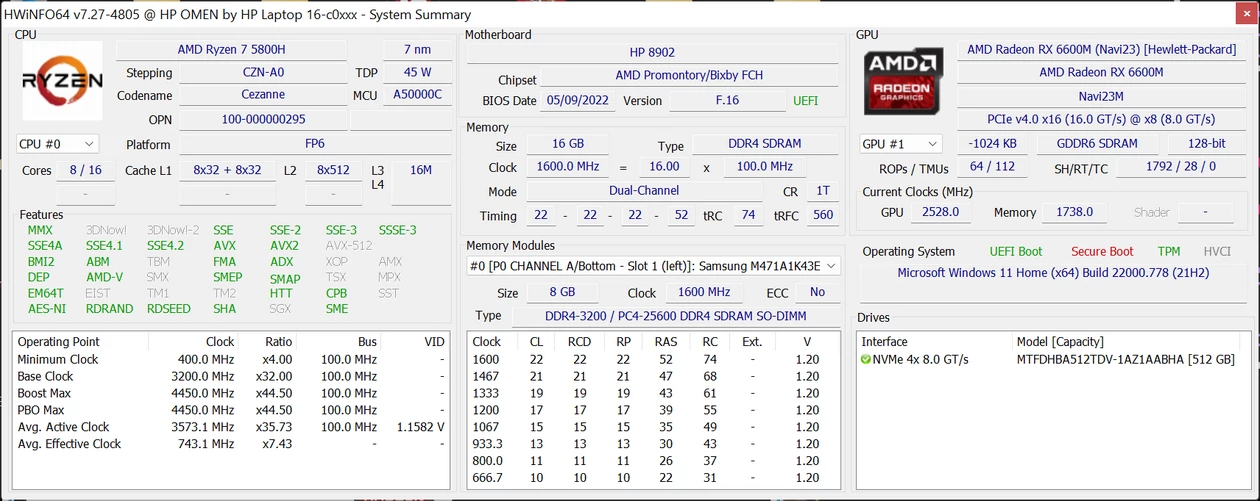 HP OMEN 16 (16-c0114nw) – HWiNFO64 – podzespoły