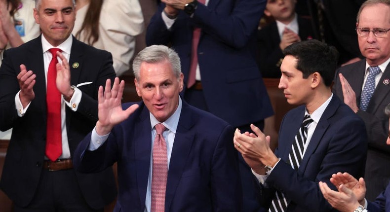 House Minority Leader Kevin McCarthy (R-CA) receives applause from fellow Representatives at the start of the 118th Congress on January 3, 2023.Win McNamee/Getty Images