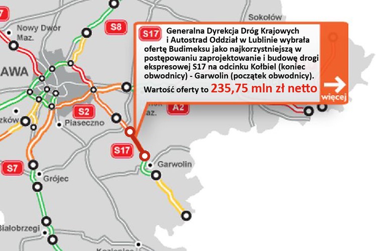 Generalna Dyrekcja Dróg Krajowych i Autostrad Oddział w Lublinie wybrała najkorzystniejszą ofertę w postępowaniu o zaprojektowanie i budowę drogi ekspresowej S17 na odcinku Kołbiel (koniec obwodnicy) - Garwolin (początek obwodnic. GDDKiA wybrała ofertę Budimeksu o wartości 235,75 mln zł netto jako najkorzystniejszą w postępowaniu zaprojektowanie i budowę drogi ekspresowej S17 na odcinku Kołbiel (koniec obwodnicy) - Garwolin (początek obwodnicy), podała spółka.