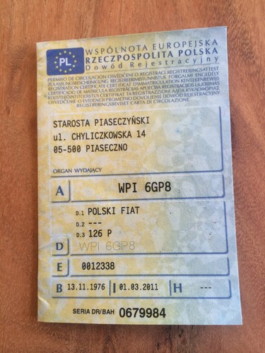 Dwód rejatracyjny fiata 126p z pierwszej serii
