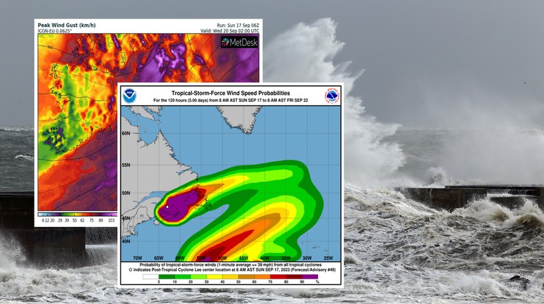 Do Europy zbliża się były tropikalny huragan Lee (Mapy: NHC, wxcharts.com)