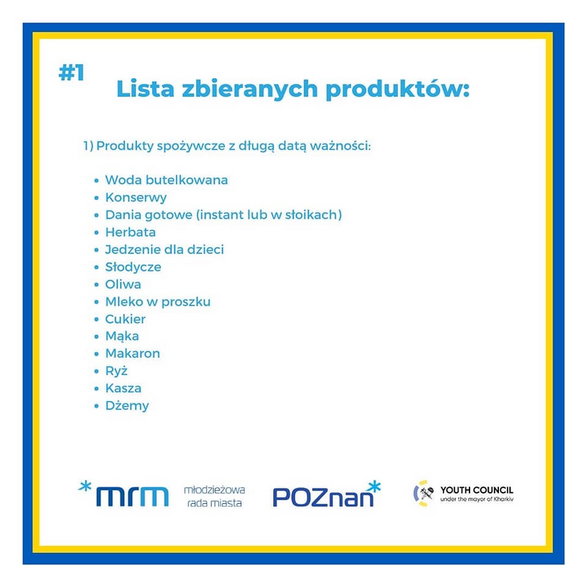 Lista artykułów spożywczych zbieranych w ramach akcji;  Młodzieżowa Rada Miasta Poznania