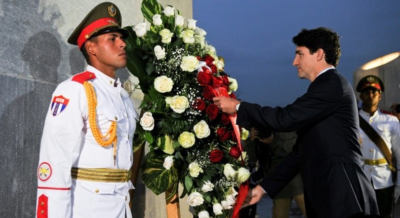 Canada First Minister Justin Trudeau places a wreath at the Jose Marti monument at Revolution Square in Havana, on November 15, 2016