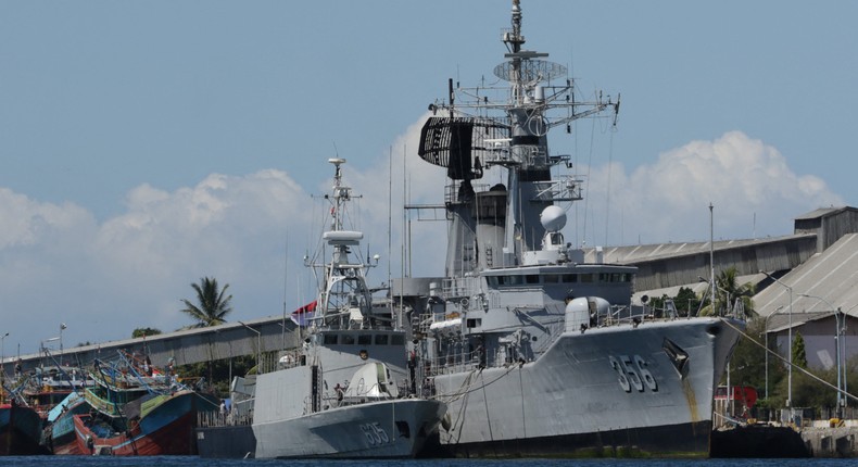 Indonesian navy ships arrive at the naval base in Banyuwangi on April 22, 2021, to join in the search for the submarine.
