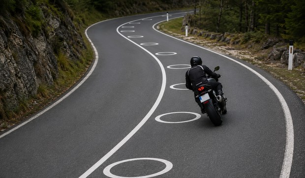 Motociklista i beli krugovi na putu