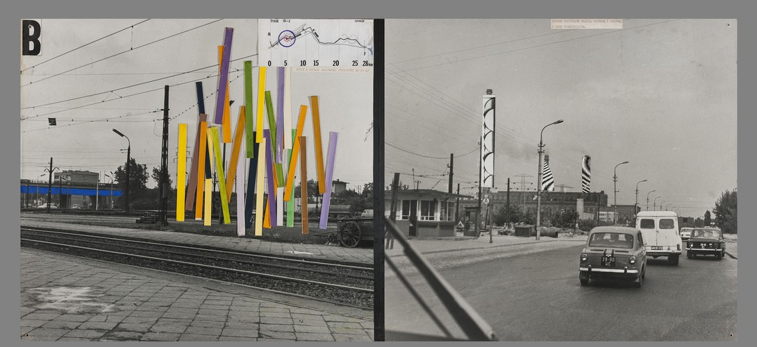 Marian Bogusz  Propozycje zagospodarowania Trasy Muzeum – Zalew Zegrzyński, 1971 kolaż, fotografia, druk, gwasz, papier na sklejce, 50 × 110 cm,  Muzeum Narodowe w Warszawie