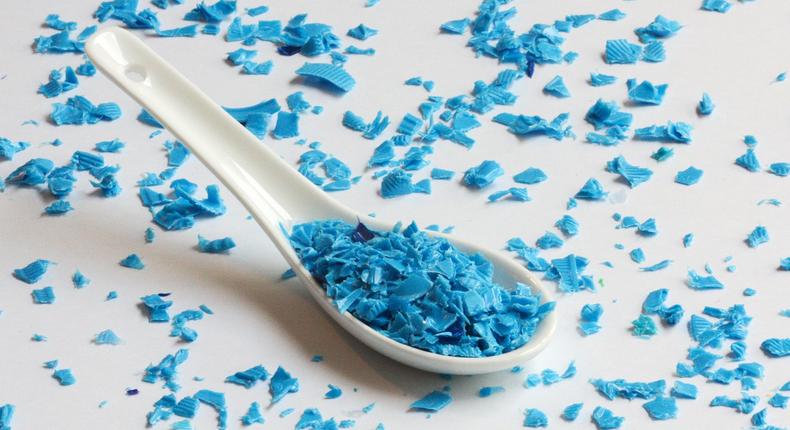 The recycled, shredded plastic in this porcelain soup spoon is equivalent to the amount of microplastics a person may consume every week, according to a 2019 analysis.