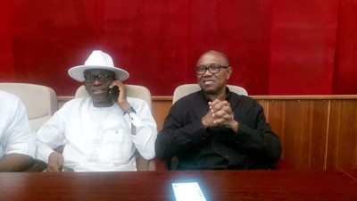 Labour Party (LP) chairman, Julius Abure (left), insists the party has presented enough evidence to prove Peter Obi (right) won the 2023 presidential election [Premium Times]