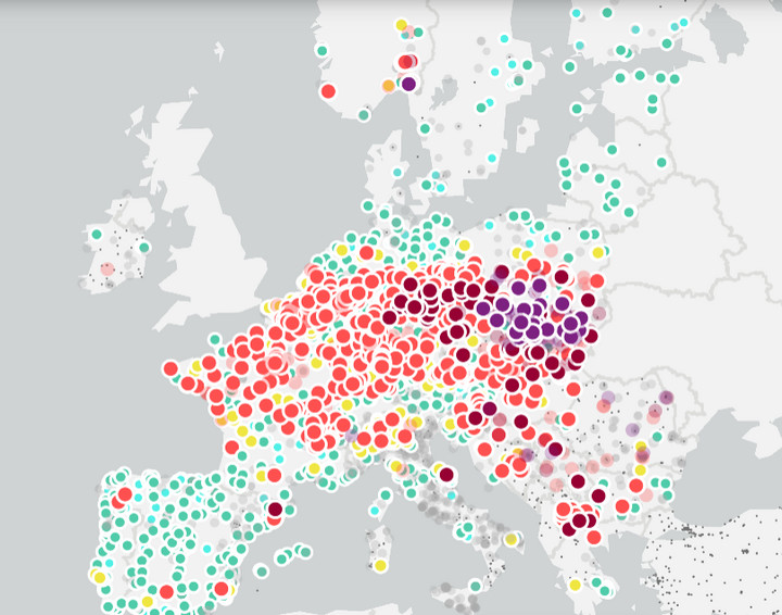 Zanieczyszczenie powietrza w Europie (dane z 11 stycznia 2024 r.). Kolor fioletowy oznacza &quot;ekstremalnie słabe&quot; (powietrze)