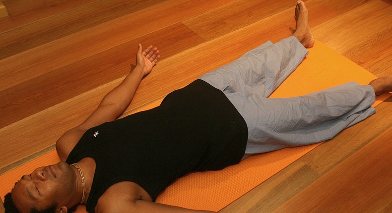 Caru Candra from Govinda's Yoga in Darlinghurst demonstrates Yoga Nidra position, 27 March 2007.