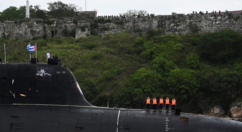 Russian Marines standing guard on top of the Russian nuclear-powered submarine Kazan at Havana's harbor, Cuba, on June 12, 2024.YAMIL LAGE/AFP via Getty Images