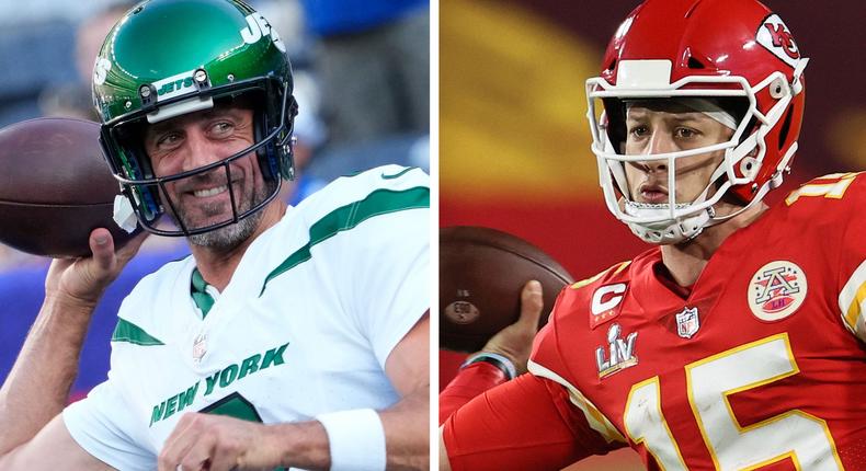 Aaron Rodgers (left) and Patrick Mahomes look to throw the ball.Robert Deutsch-USA TODAY Sports; Matthew Emmons-USA TODAY Sports