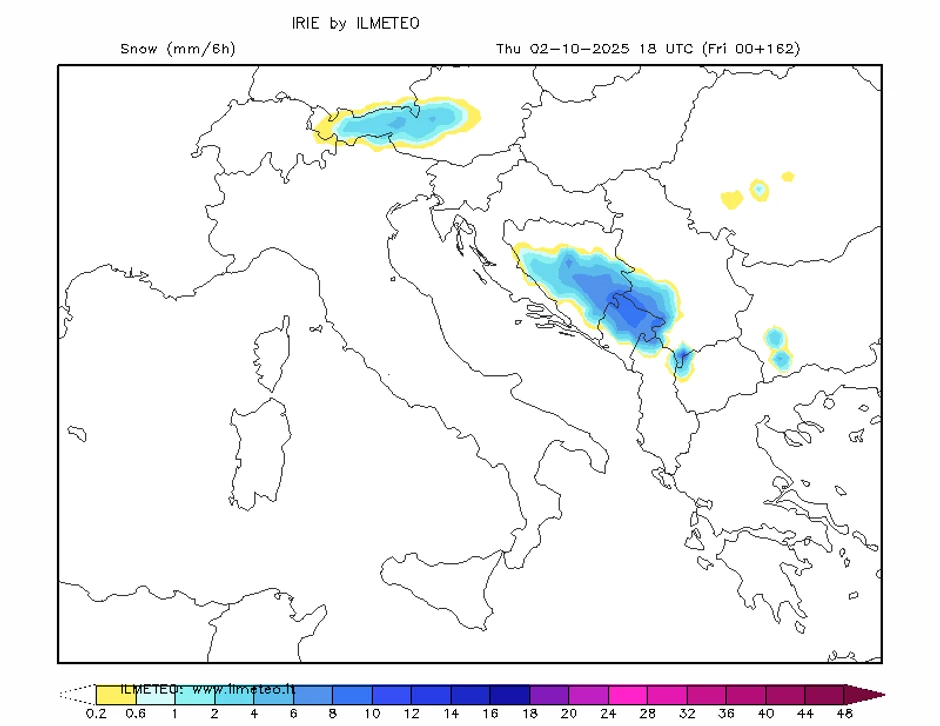 Snežna mapa za 2. oktobar, kiša će preći u snežne padavine na najvišim planinama